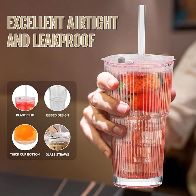 20oz Ribbed Glass Cups with Lids and Straws, Vintage Glass Tumbler with Straw, 2 Piece Iced Coffee Cups Set, Thicked Wall Drinking Glasses Ideal for Coffee