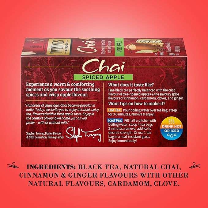 Twinings Spiced Apple Chai Black Tea Individually Wrapped Bags, 20 Count (Pack of 1), Sweet, Savoury Spices, Caffeinated, Enjoy Hot or Iced, 20 Teabags