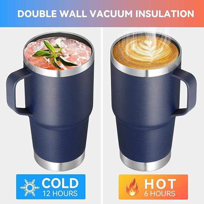 VEGOND 20 oz Tumbler Bulk with Handle Lid and Straw, Stainless Steel Insulated Travel Coffee Mug Set, Spill Proof Double Wall Metal Tumblers Cups, Powder Color Navy Blue 12 Pack