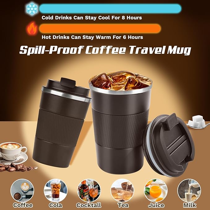 Vacuum-Insulated Stainless Steel Travel Coffee Mug, Leak-Proof Reusable Coffee Cup with Lid - Keep Hot & Cold Drinks for Hours, Durable Thermos Tumbler for Men & Women (3rd-Dark Coffee, 17OZ)