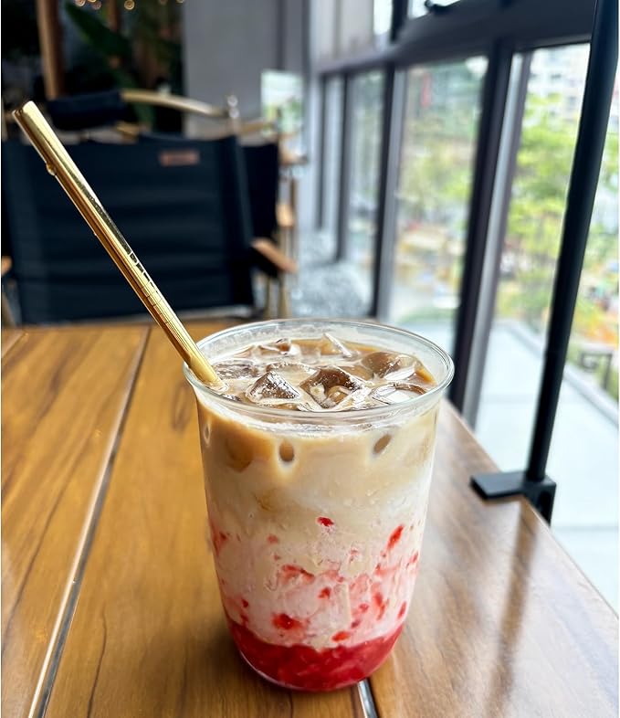 Stainless Steel Straws Metal Reusable Drinking Straw for Juice Iced Coffee Cold Beverage Water Highball Glasses 20oz Tumblers Mugs Cups, 0.24" 6mm Wide 215mm Long, Set of 8 with Brush, Gold