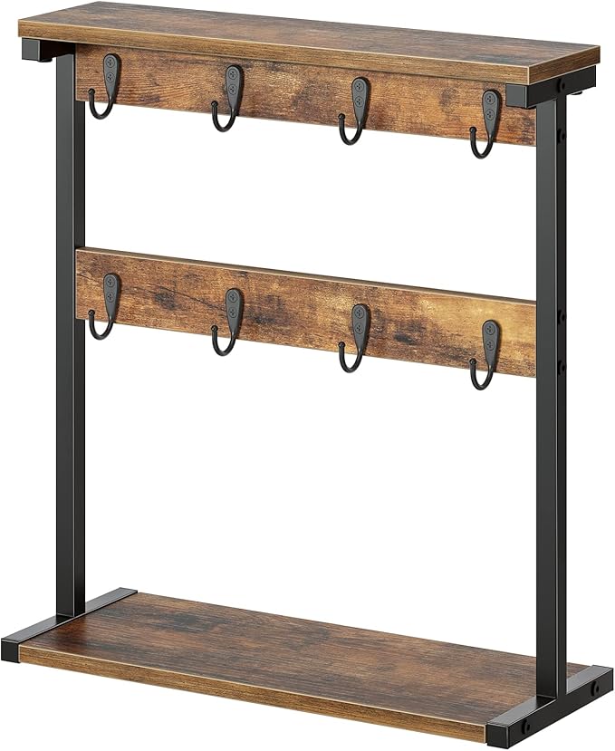Coffee Mug Holder for Counter, 2 Tier Mug Tree Rack, with 8 Hook and 2 Open Shelves, Vintage Mug Holder Stand for Home Kitchen, Rustic Brown MH43BR