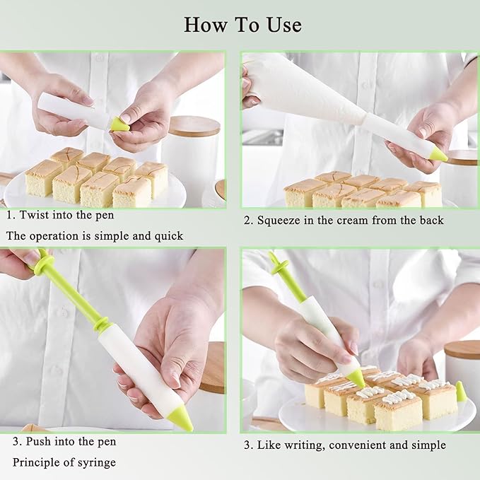 Cake Decorating Pen Dessert Decorating Tool, Silicone Food Syringe Cylinder with 4 Heads Cookie Icing Piping Nozzles Used for Chocolate Jam, Lettering, Drawing, Cream (Green)