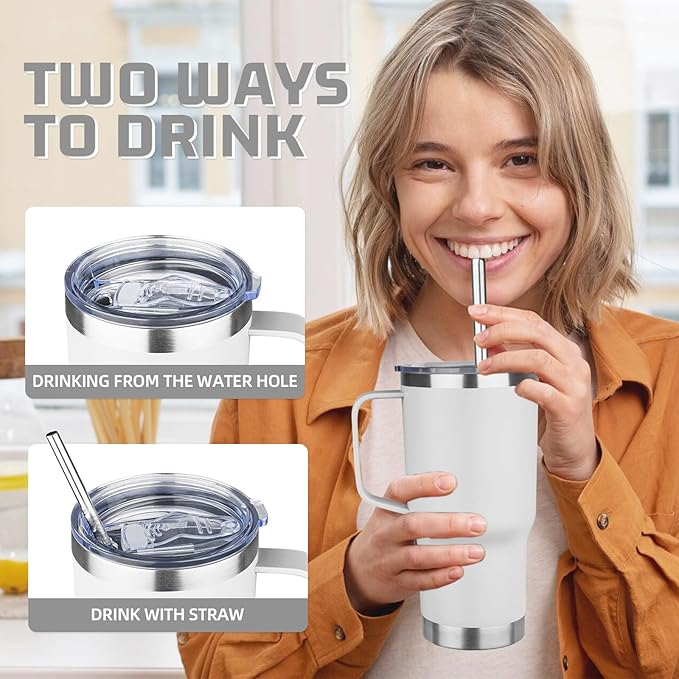20 oz Tumbler with Handle Stainless Steel Insulated Coffee Mug Tumbler with Lid and Straw Double Wall Vacuum Insulated Coffee Mug Leak Proof Travel Mug Tumbler for Hot and Cold Drink (White,4pack)