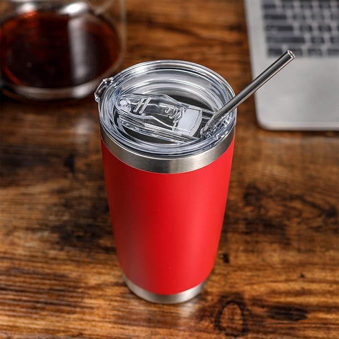 COMOOO 20oz Double Wall Vacuum Insulated Travel Mug, Stainless Steel Tumbler with Lid and Straw Durable Powder Coated Insulated Coffee Cup for Cold & Hot Drinks (Red, 1 PACK)