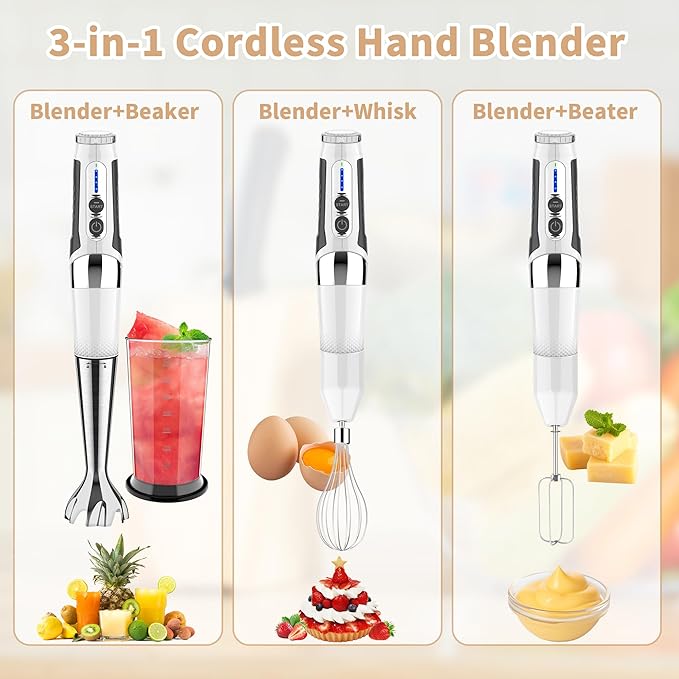 Cordless Immersion Blender Handheld: 3-in-1 Rechargeable Electric Hand Blender Stick, 21-Speeds & 3-Angle Adjustable with 700ml Beaker, Egg Whisk and Beater for Smoothies, Soup,Puree,Baby Food (White)