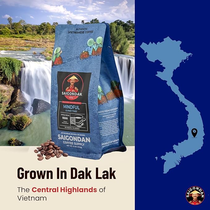 Vietnamese Coffee Beans - Saigondan Mindful | Dark Roast | Vietnamese Robusta & Arabica Blend | Vietnamese Single Origin | Roasted in Small Batch | Direct Trade | No Preservatives | 12 Oz