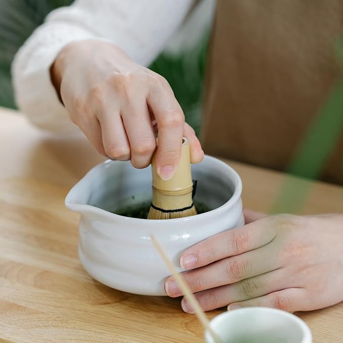 Marce Matcha Whisk Set- Matcha Set includes Matcha Whisk and Bowl with Spout, Sifter, Holder and Scoop- The Perfect Bamboo Whisk for Matcha Tea (White)