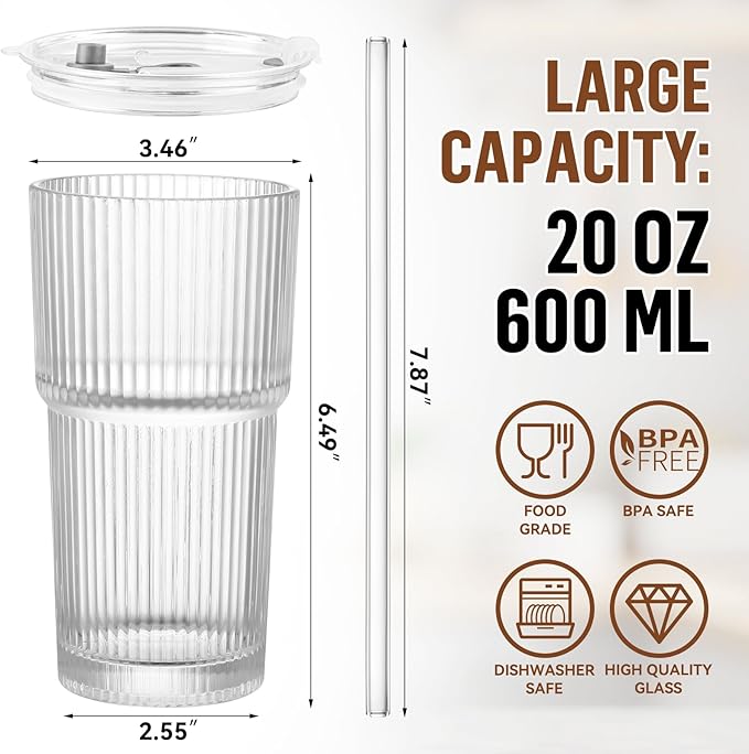 20 oz Glass Cup with Lid and Straw, Glass Tumbler with Straw and Lid, Vintage Glassware for Whiskey Cocktail Beer, Iced Coffee Cups with Lid (1 PACK)
