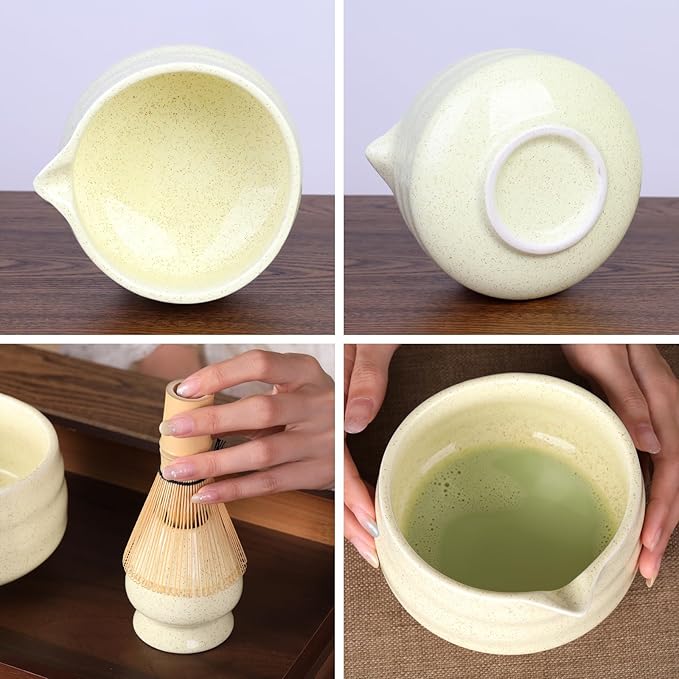 Japanese Matcha Whisk Set - 7-Piece Kit Bamboo Chasen, Ceramic Bowl with Spout, Stainless Steel Sifter & Holder Yellow