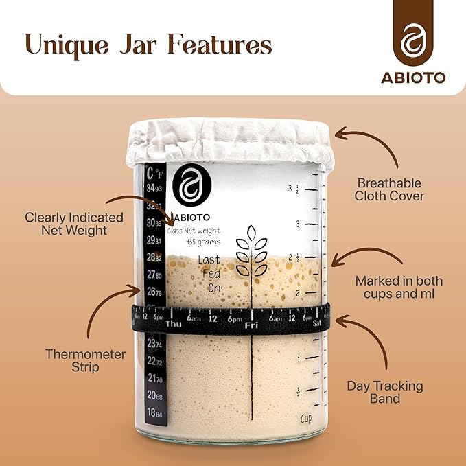 Sourdough Proofing Basket and Starter Jar Kit – 2.2 LB Round Wood Pulp Banneton with Grooved Pattern (Made in Germany) and 34 oz Sourdough Starter Jar, Thermometer Strips & Spatula –Bread Proofing Set