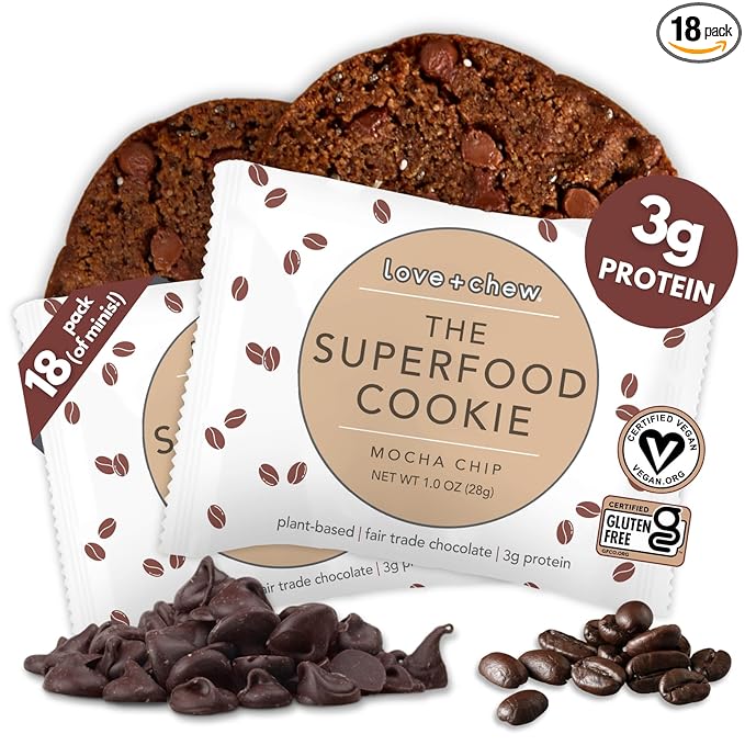 Love + Chew Superfood Soft Baked MINI Cookies, Mocha Chip Flavor, Plant Based Cookie Made With Coffee Extract & Dark Chocolate for Kids and Adults, Vegan Snacks, Gluten Free, Paleo, Non GMO, 10 Pack