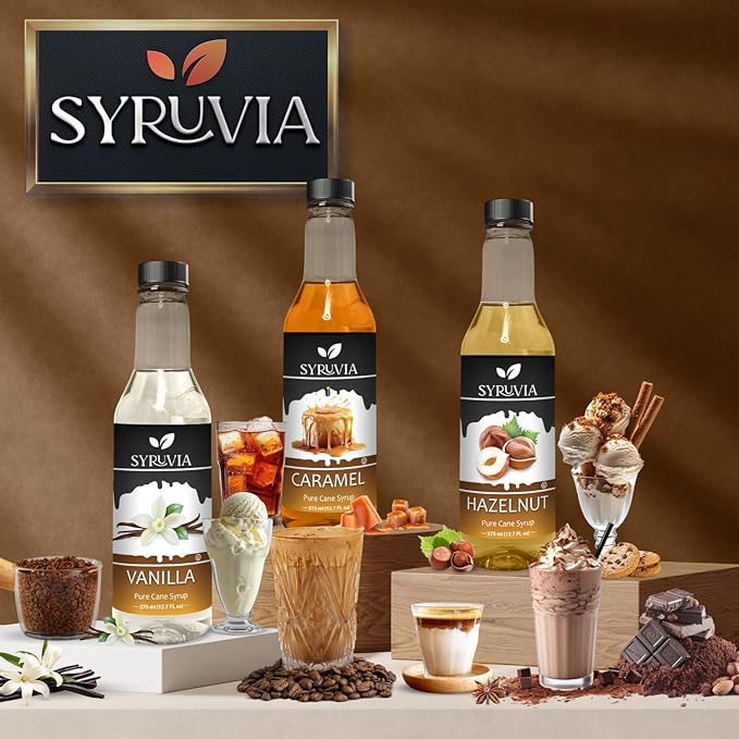 Syruvia Hazelnut Coffee Syrup - 12.7 fl oz Premium Coffee Flavoring Syrup - Kosher Coffee Syrups, Gluten Free, No Coloring, Perfect for Drinks, Soda, Shakes, Desserts, and More.