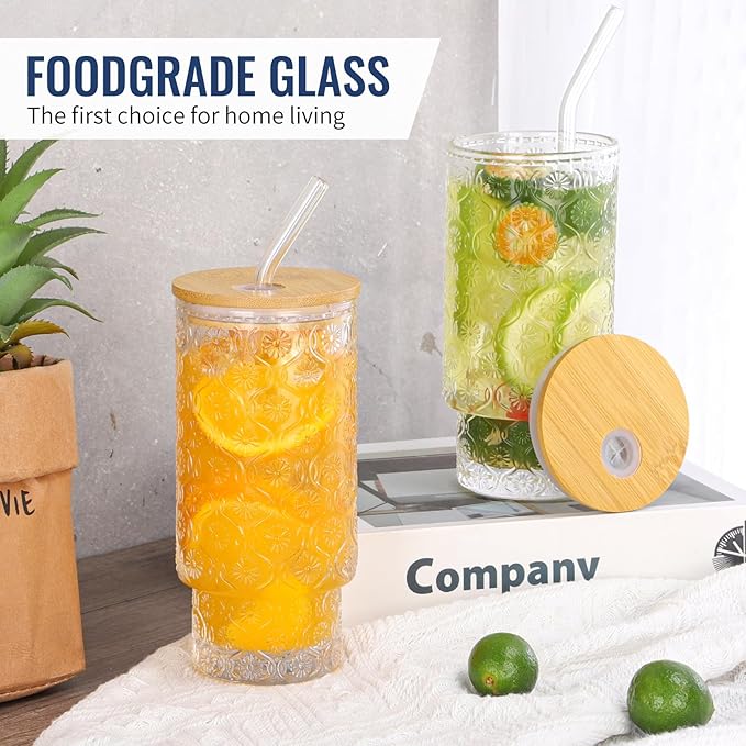 16 Oz Glass Cups Set of 4, Vintage Embossed Floral Glass Tumbler, Iced Coffee Cups with Lid, for Whiskey Cocktail Beer (4 PACK)