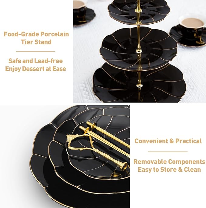 DUJUST Luxury Porcelain 3-Tier Cupcake Stand Tower, British Style Serving Tray with Golden Trim, Food Grade Dessert Display Stand, Beautiful Gift for Tea Party & Home Décor - Black