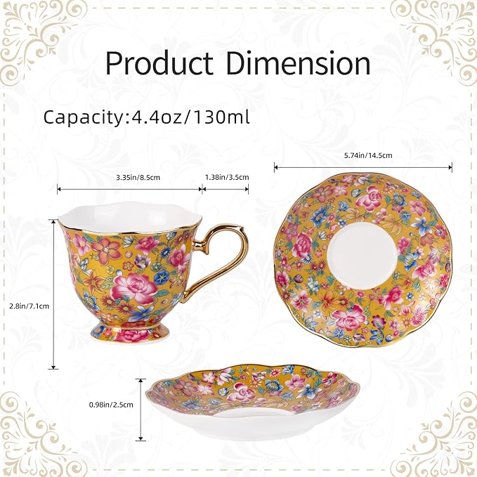 KAMMAK Tea Cups and Saucers Set of 2, Porcelain Coffee Cups with Saucer for Espresso, Cappuccino, 6.3oz Vintage Gold and Blue Ceramic Demitasse Mug for Home, Tea Party, Office