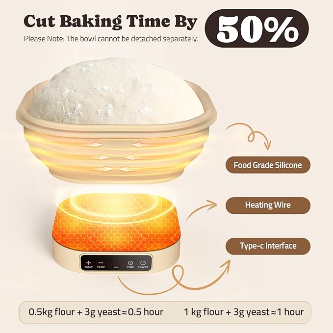 Heating Sourdough Starter Kit, 2L Electric Thermostatic Silicone Square Foldable Banneton Bread Proofing Basket with 6 Timer & Temp Settings for Dough Rising, Dishwasher Safe, Bread Making Kit