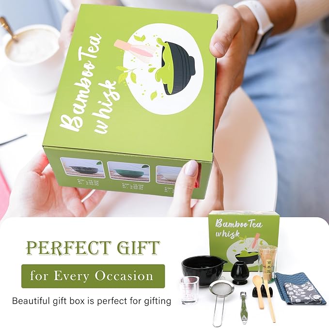 11 PCS Matcha Set Whisk and Bowl, Black Matcha Kit Set with Scoop & Holder,Ceramic Japanese matcha Tea set, Complete Gift set,Making Breakfast,Latte for Friend,Family,Tea Lovers
