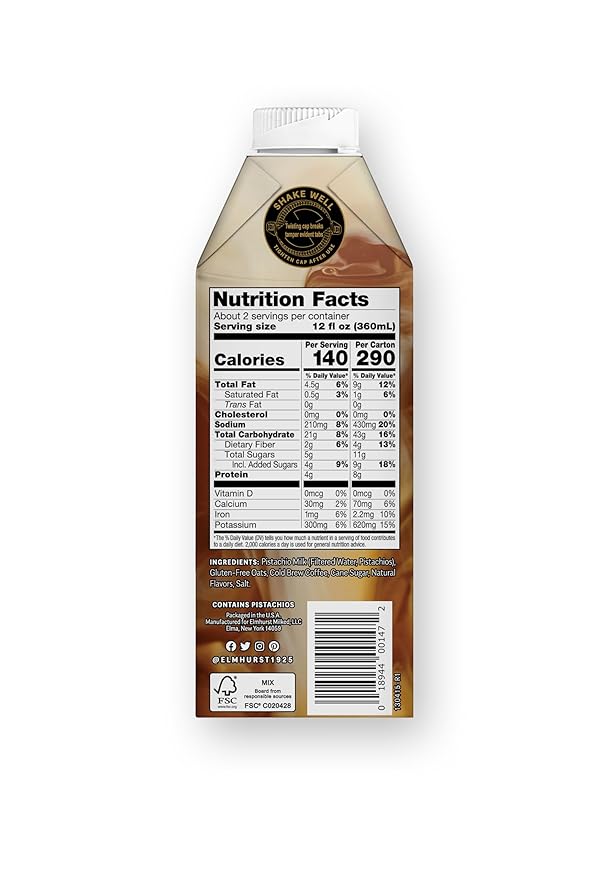 Elmhurst 1925 Pistachio Crème Latte – Plant-Based, Vegan, Dairy-Free Plant Milk Latte Made of Pistachio Milk, Cold Brew Premium Arabica with 95mg Caffeine & Sweet Cream Notes – 25.4oz (Pack of 6)