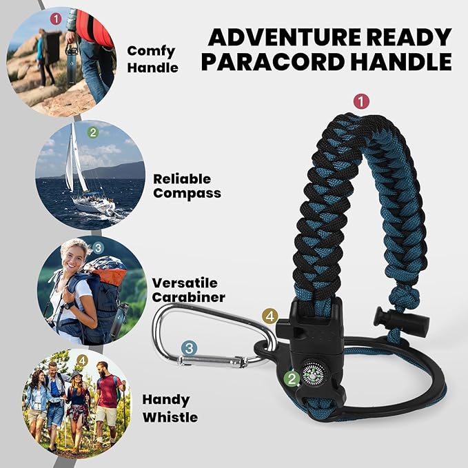 Insulated Water Bottle 24oz, Triple Wall Vacuum Stainless Steel (Cold for 48 Hrs, Hot for 24Hrs), Leak Proof & Non-BPA, 24oz Hydro Water Flask with Paracord Handle & Straw Spout Lids