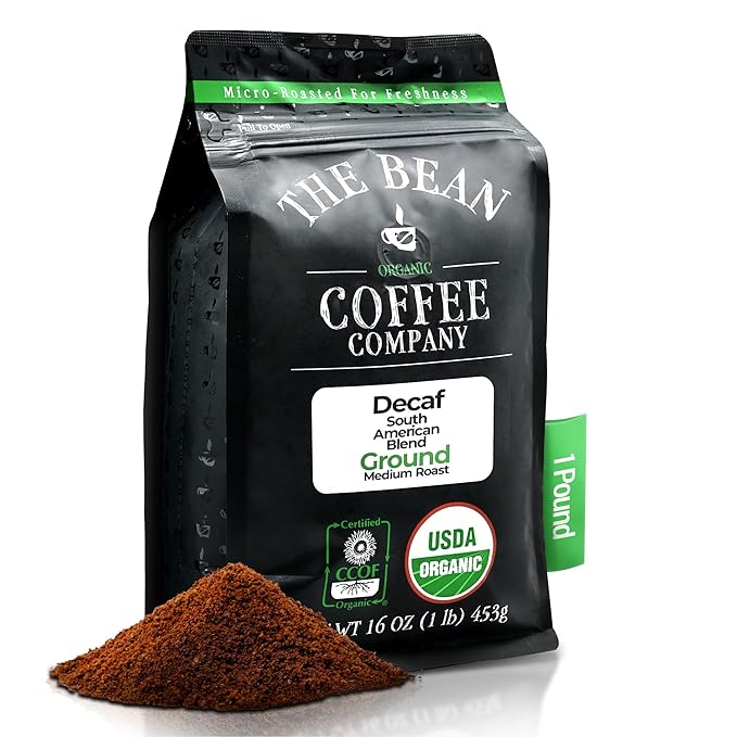 The Bean Organic Coffee Company Water Processed DECAF South America Blend, Medium Roast, Ground Coffee, 16-Ounce Bag, Café Molido Tostado Orgánico descafeinado