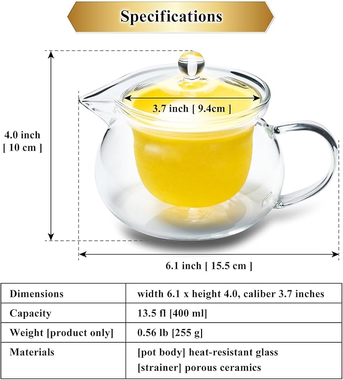 Heatproof Glass Teapot 13.5 fl (400 ml) with Removable Ceramic Infuser strainer Ha-Pot Made in Japan (Yellow)