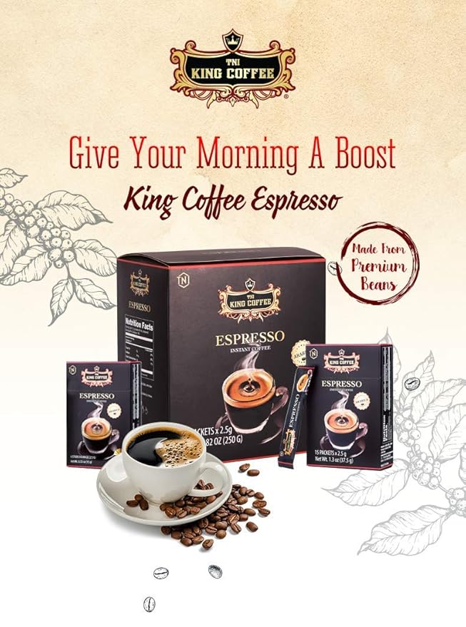 King Coffee Espresso, Vietnamese Instant Coffee Arabica, Medium Dark Roast, 15 Packets x 2.5g, Pack of 1