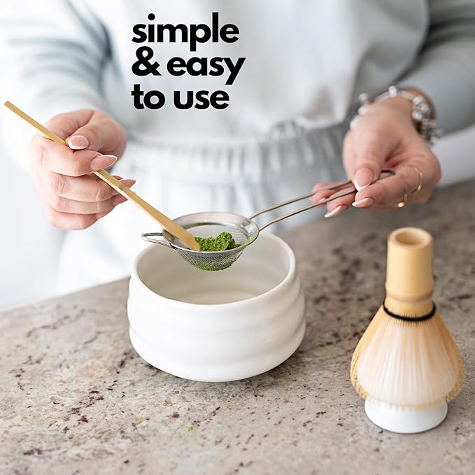 Marce Matcha Whisk Set- Matcha Set includes Matcha Bowl, Sifter, Holder and Scoop- The Perfect Bamboo Whisk for Matcha Tea (White)