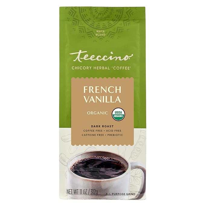 Teeccino Chicory Coffee Alternative – French Vanilla – Ground Herbal Coffee That’s Prebiotic, Caffeine-Free & Acid Free, Dark Roast, 11 Ounce