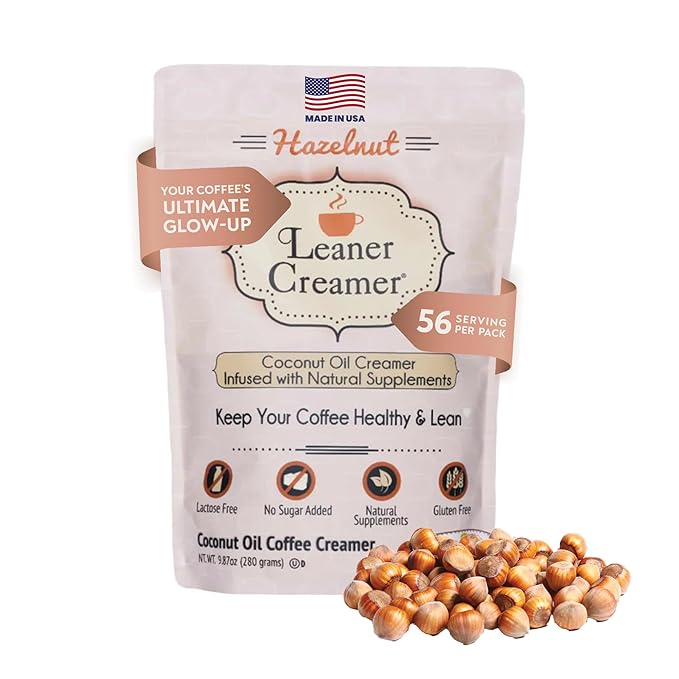 Leaner Creamer Coconut Creamer with Superfood Ingredients – Non-Dairy, Sugar-Free, Keto, Gluten-Free Powdered Coffee Creamer – Hazelnut Flavor – 280g