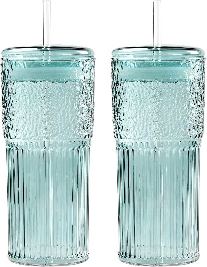 GOSCHE Glass Coffee Cups with Lids and Straws 20oz, High Borosilicate Drinking Jar Water Cups, Glass Tumbler for Tea Coffee Milkshake, Green, 2 Pcs