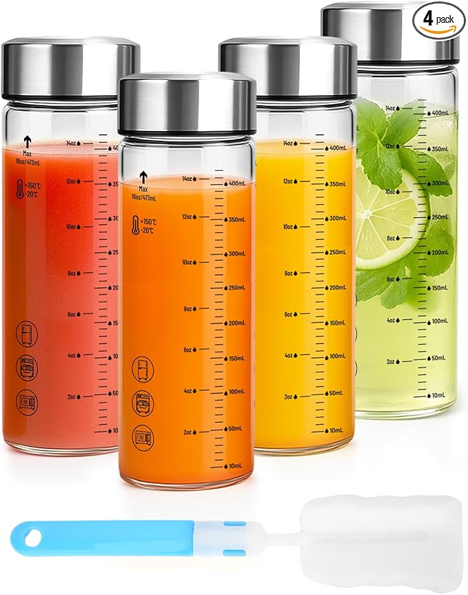 16oz Glass Water Bottles with Lids, 4 Pack Reusable Wide Mouth Juice Bottles with Stainless Steel Caps, Leakproof Borosilicate Glass for Juicing, Smoothies & Storage, BPA-Free,Dishwasher Safe