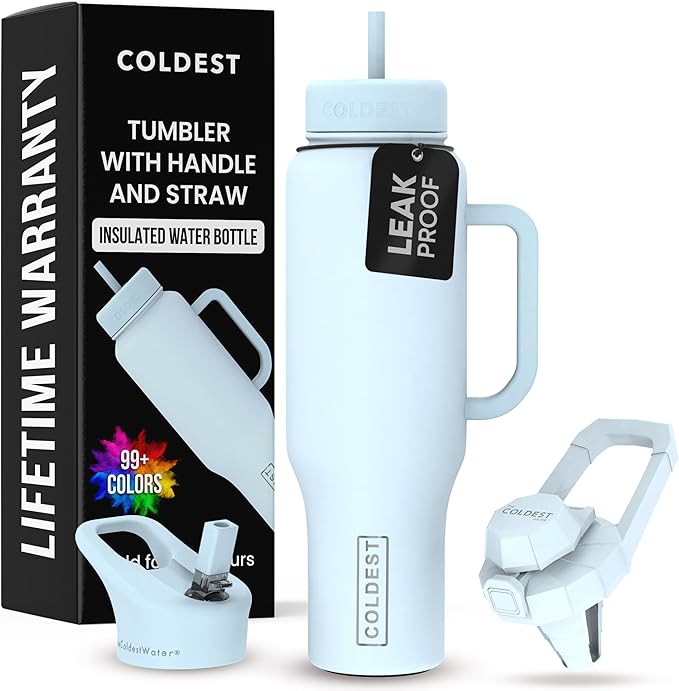 Coldest 40 oz Tumbler with Handle and Straw - 100% Leak Proof Insulated Tumbler with Lid and Straw (3 Lids) - Stainless Steel Tumblers for Women & Men - Cup Holder Friendly Base, 46 oz (Morning Mist)