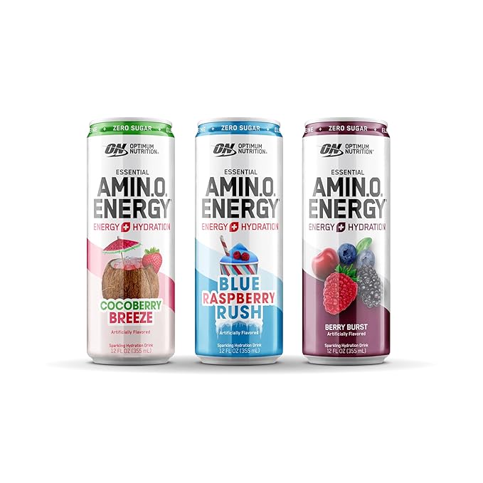 Optimum Nutrition Amino Energy Sparkling Hydration Drink, Electrolytes, Caffeine, Amino Acids, BCAAs, Sugar Free, 12 Fl Oz, Berry Variety Pack of 12 (Packaging May Vary)