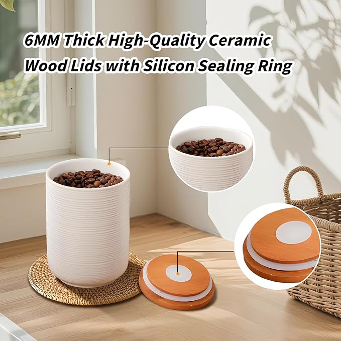 Food Storage Jar Strong Ceramic Storage Canisters with Airtight Wooden Lid,Kitchen Storage Containers for Serving Coffee Beans, Tea, Sugar, Salt, Spices (Big white)