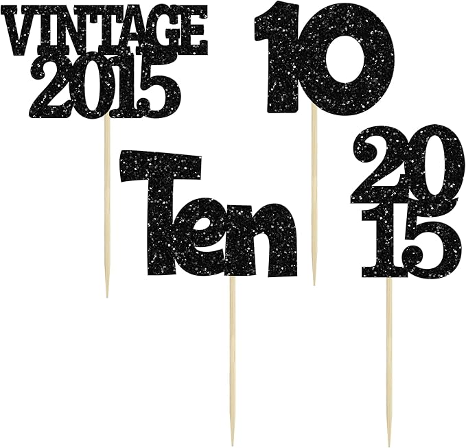Gyufise 24Pcs 10th Birthday Cupcake Toppers Glitter Ten Vintage 2015 Double Digits 10 Cupcake Picks Hello 10 Years Birthday Cake Decorations for Happy 10th Anniversary Party Supplies Black