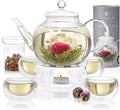 Teabloom Complete Tea Set – Glass Teapot (40 oz), Loose Tea Glass Infuser, 4 Insulated Glass Teacups, Tea Warmer, and 12 Flowering Teas – Elegant Blooming Tea Gift Set