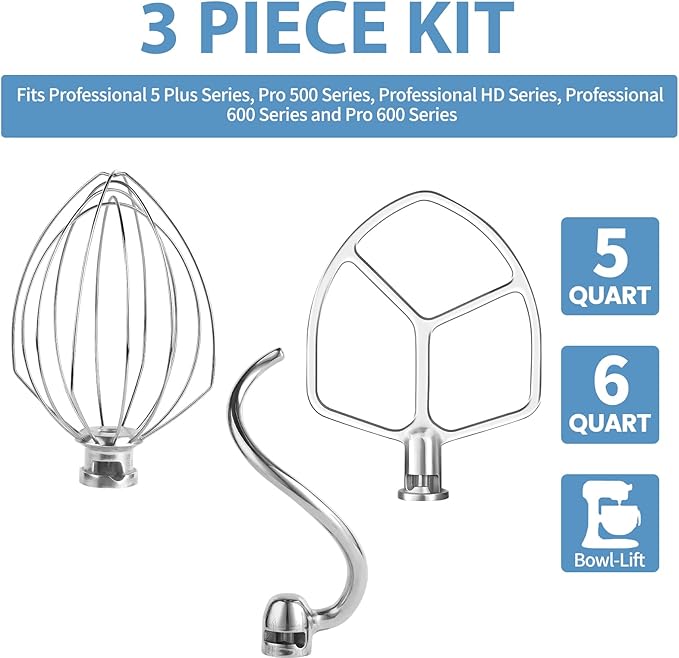 Stainless Steel 3 Piece kit Attachments，Dough Hook 6 Wire Whisk Flat BeaterCompatible with KitchenAid 5-6QT Mixer，Bowl Lift Stand Mixer Accessory，Rust Resistant，Dishwasher Safe
