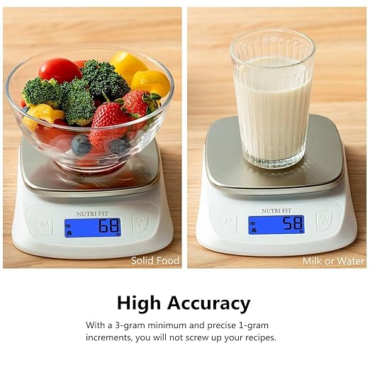NUTRI FIT Food Kitchen Scale Digital Grams and Ounces Ultra Slim Scale Portable for Baking Cooking Camping Stainless Tare Auto Off Backlit Large LCD Display 11lb/5kg-White