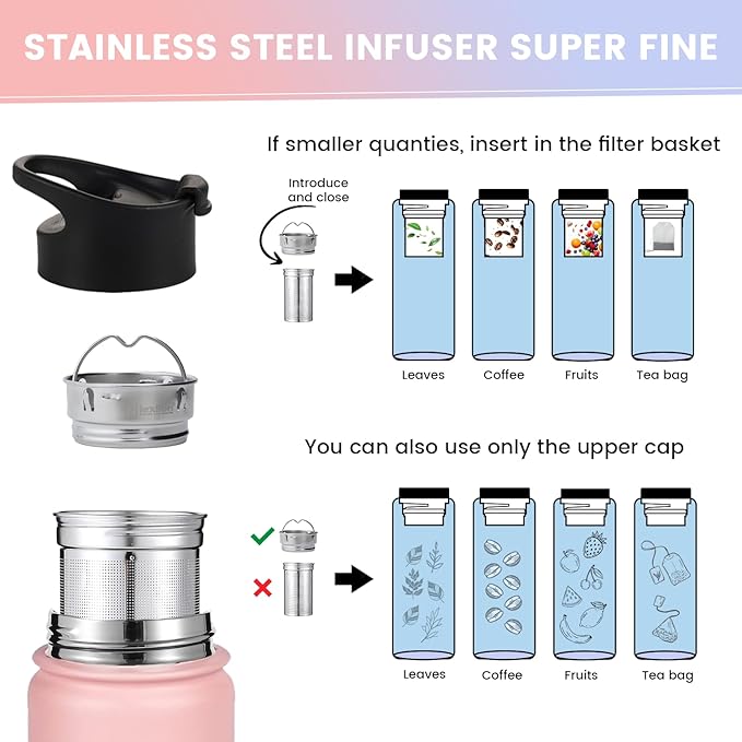 Lexlion Tea Infuser Bottle - Fruit Infuser Water Bottle 22 Oz, Triple Walled Insulated Stainless Steel Bottle, Thermal Leaf, Silicone Sleeve, 3 Lids Leakproof, Metal Mug Gallon