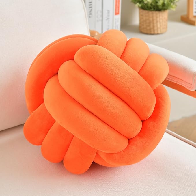 Decorative Throw Knot Pillow Ball for Home Chair Sofa Couch Bed Aesthetic Round Velvet Knotted Pillow Cushion (Orange, 8 inches)
