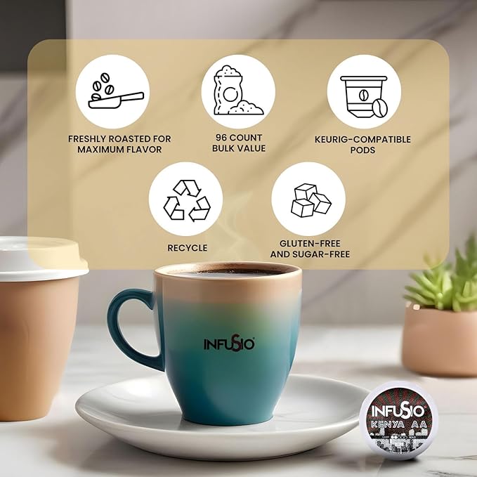 InfuSio Coffee Pods 96 Count Kenya AA Medium Dark Roast Single serve Coffee pods for Keurig K Cup® Brewers - InfuSio Premium Roasted Keurig 2.0 Compatible