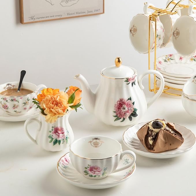 Porcelain Tea Sets British Royal Series, 8 OZ Cups & Saucer Service for 6, with Teapot Sugar Bowl Cream Pitcher Teaspoons and Tea Strainer, Suitable for High Tea, Wedding, Party（Spring Flowers）