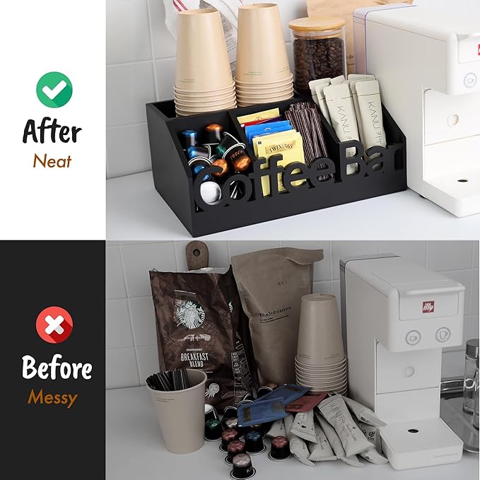 Coffee Bar Organizer for Countertop – Wooden Coffee and Tea Station Caddy with Tray for Pods, Cups, Condiments, and Accessories – Kitchen or Office Counter Storage (Medium Size -Black)