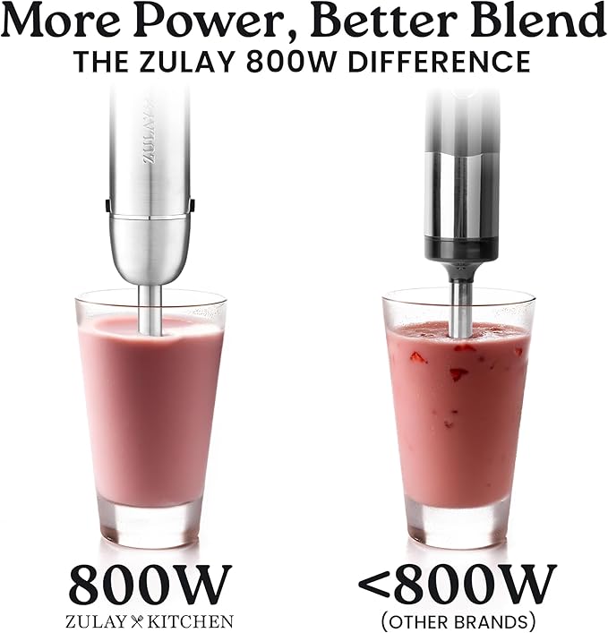 Zulay 4-in-1 Immersion Stick Mixer Hand Blender - 800 Watts, 12 Speeds, 5-ft Power Electric Cord, Handheld Portable, Stainless Steel Blades - With Whisk, Frother & Stick Blender Attachments - Black