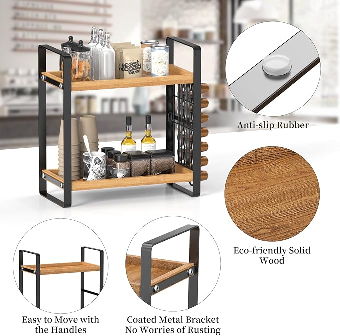 LEMIKKLE Coffee Station Organizer,Compatible with Nespresso Classic Pods 24pcs, Coffee Bar Accessories and Cup Storage Organizer, Wood Counter Shelves for Kitchen, Office, Countertop