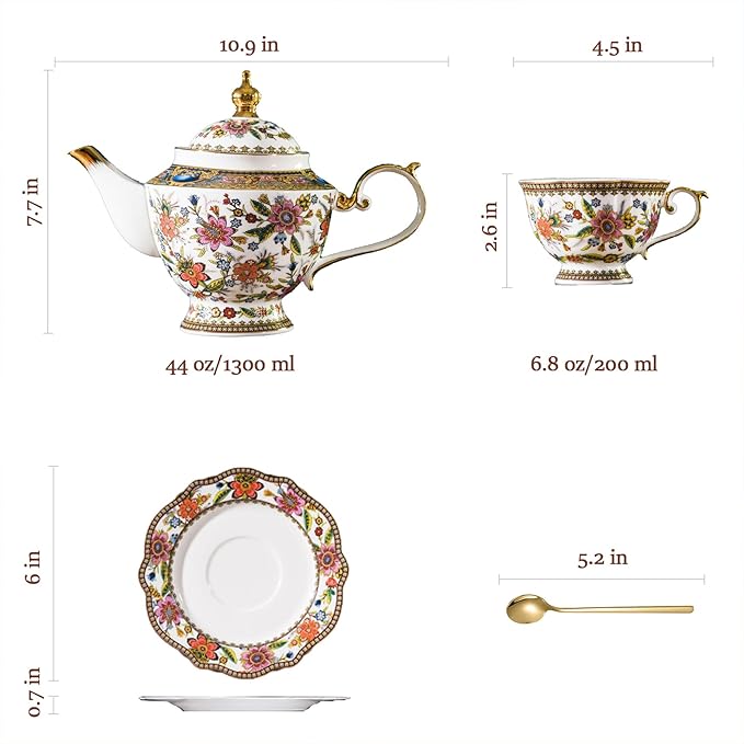 ACMLIFE Fine Bone China Tea Set, British Vintage China Set for Adults 24K Gold, Afternoon Cups and Saucers for Women Tea Party or Gift Giving (Pink and Gold)