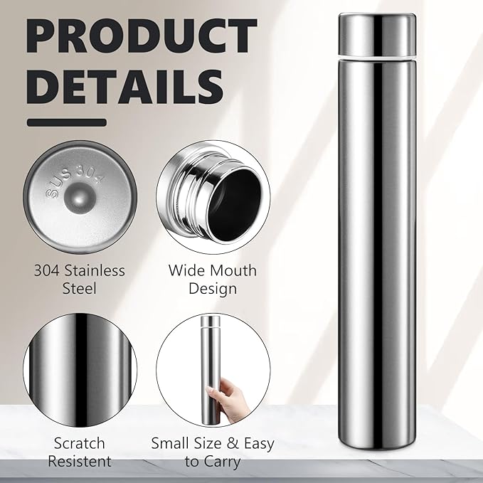 Vesici Slim Water Bottle 8.8 oz Small Stainless Steel Purse Compact Insulated Water Bottles Camping Travel Backpack Pocket Flask for Car Cold Coffee Tea(Silver,1 Pack)