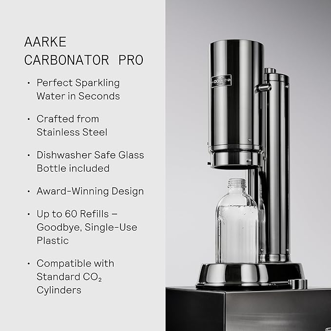 Aarke Carbonator Pro, Sparkling & Carbonation Water Machine, Stainless Steel with Glass Reusable Bottle Volume 800 mL/27 fl oz (Stainless Steel)