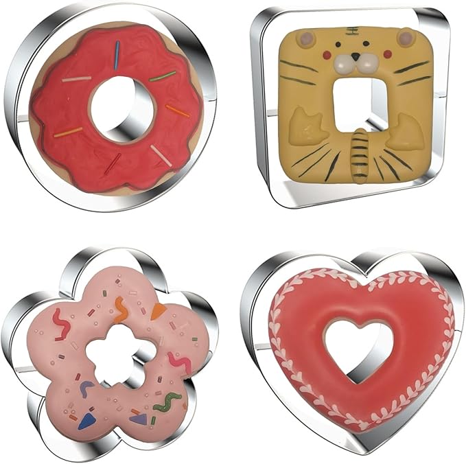 Large Size Donut Design Cookie Cutters Set of 4 pcs, Stainless Steel 4 Shapes Cream-filled Doughnut Fondant Cutter Molds Baking DIY (Round + Square + Heart + Flower)